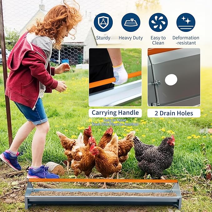 45" Chicken Feeding Trough, Galvanized Steel Chicken Feeder with Crossbar & Drainage Holes, Large Capacity Poultry Feeder Trough for Chicks, Duck, Goose, Turkey, Rabbit, Pigeon Orange