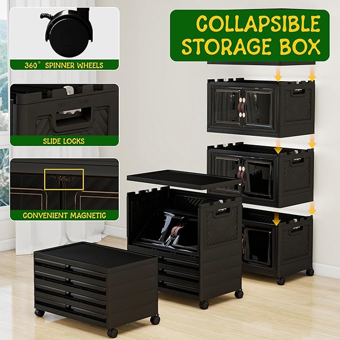 Storage Bins with 2 Lids and Wheels, Collapsible Bathroom Storage Cabinet with Clear Doors, Plastic Stackable Closet Organizers and Storage Containers Black 597 QT