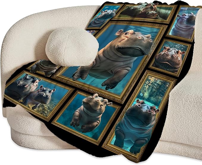 Hippo Throw Blanket Ultra Soft Cozy Cute Fleece Fuzzy Plush Lovers Decor Gifts for Women Girls Adults Couch Sofa 80"x60"