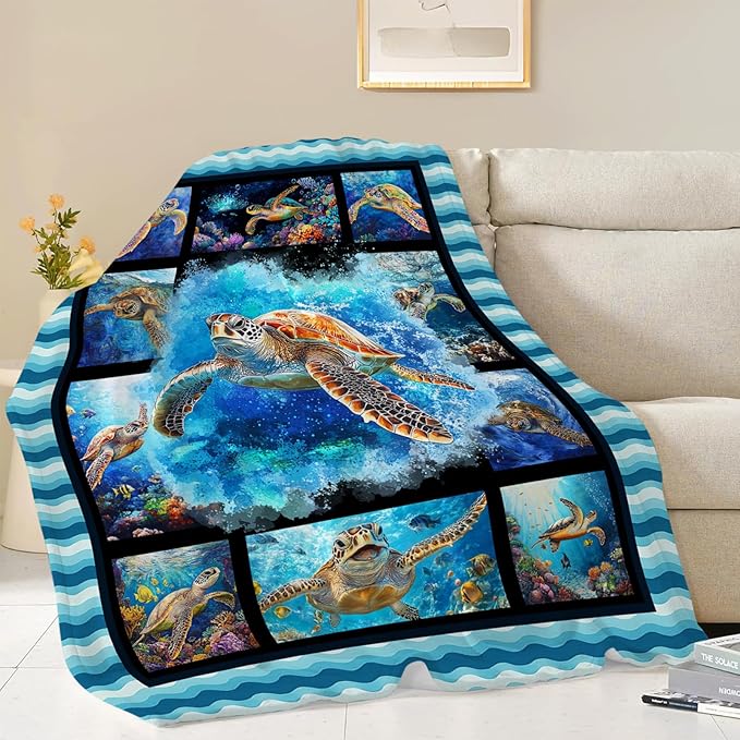 Sea Turtle Blanket, Ocean Turtle Throw Blanket, Sea Animal Gifts Blankets Stuff Fleece Flannel Plush for Girls Women Men Boys Lovers Adults Soft Bedding Gift for Sofa Bed Office Home Decor 80"x60"