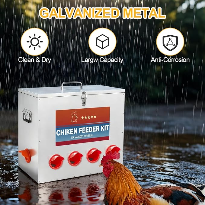 Automatic Chicken Feeder Large Capacity 85lbs Metal Chicken Feeder with Latch & Handle for Chickens, Geese, Ducks, Turkeys, Quails, Weatherproof (10-Port)