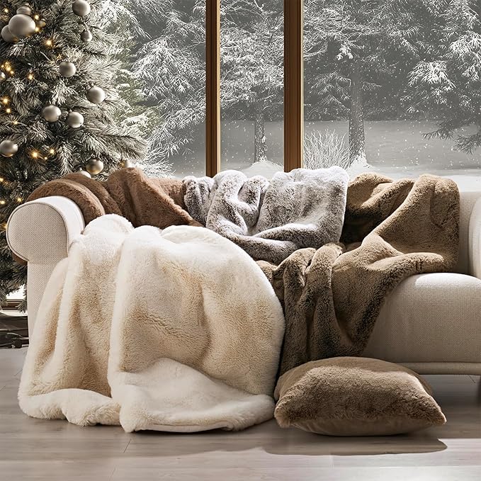 EVERGRACEHOME Luxury Soft Faux Chinchilla Fur Throw Blanket for Couch, Warm Thick Heavy Winter Throw Blanket 1220GSM for Bed, Fluffy Cozy Mink Blanket with Reversible Velvet, Brown Sable, 50"x60"
