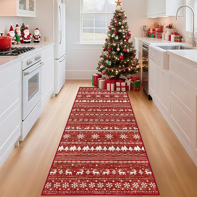 Christmas Kitchen Runner Rugs 2x6 : Washable Moroccan Geometric Rug Boho Non Slip Stain Resistant Rugs Low Pile Soft Carpet for Xmas Holiday Hallway Laundry Room Living Room Bedroom (Xmas Red,2'x6')