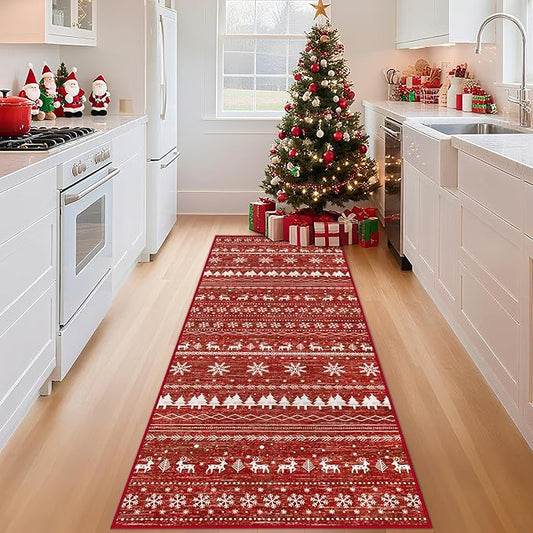 Christmas Kitchen Runner Rugs 2x6 : Washable Moroccan Geometric Rug Boho Non Slip Stain Resistant Rugs Low Pile Soft Carpet for Xmas Holiday Hallway Laundry Room Living Room Bedroom (Xmas Red,2'x6')