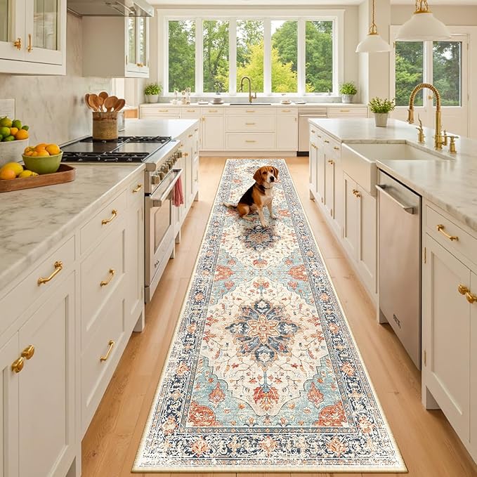 Area Rugs 3'x10' Washable Non-Slip, Floral Vintage Distress Print Pattern Medallion Carpet for Living Room Bedroom Dining Room, Beige Navy Blue Orange Colorful