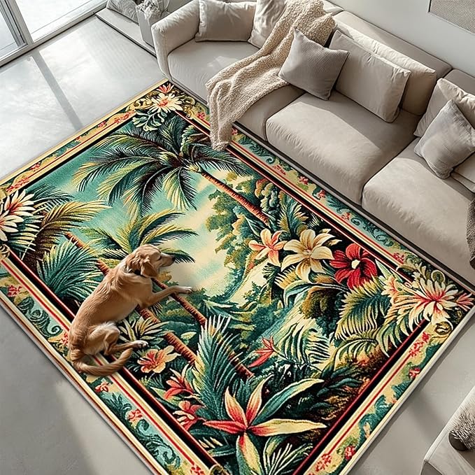 6x9 Tropical Rainforest Area Rugs Boho Forest Botanical Rug for Living Room Indoor Soft Non-Slip Thin Large Carpet Green Rugs for Bedroom Home Decor Under Table Washable Machine