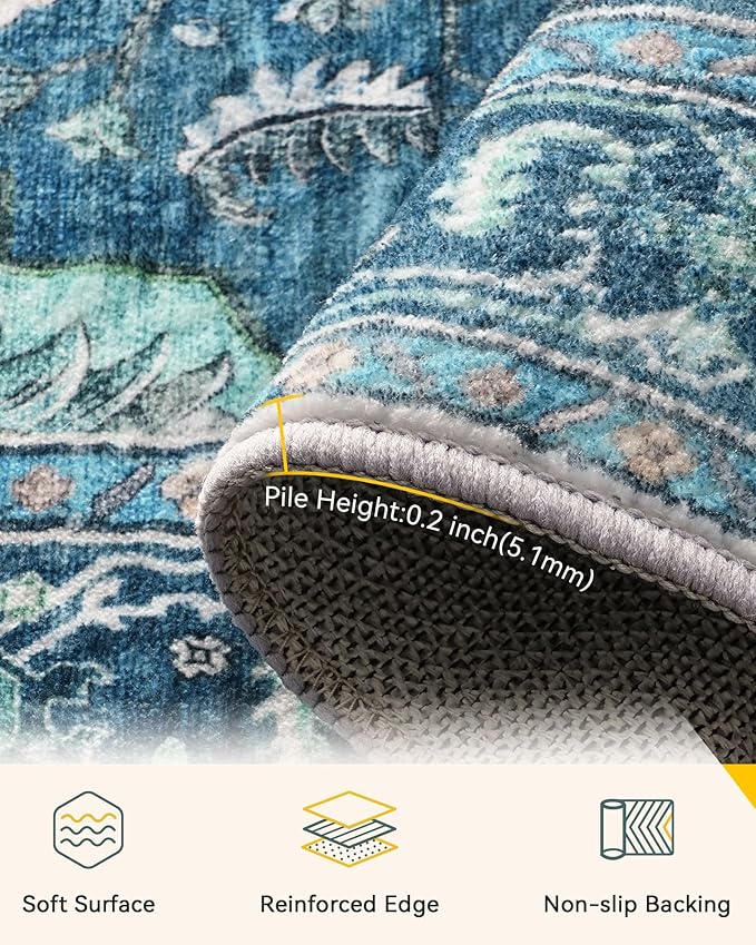 Area Rugs 10'x14' Washable Non-Slip, Floral Vintage Distress Print Pattern Medallion Carpet for Living Room Bedroom Dining Room, Teal Green Lake Blue Turquoise