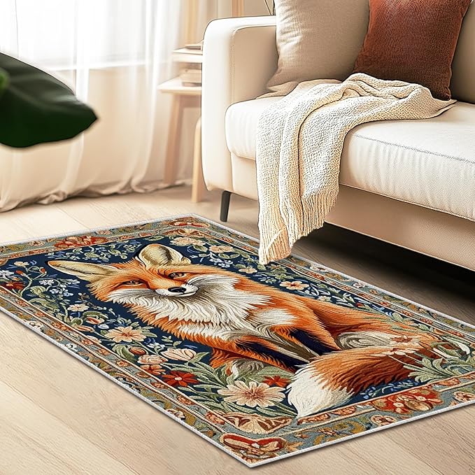 3x5 Fox Area Rugs Boho Floral Flower Rug for Bathroom Kitchen Entryway Indoor Soft Non-Slip Thin Hippie Carpet Small Doormat for Office Dining Room Under Table Washable Machine