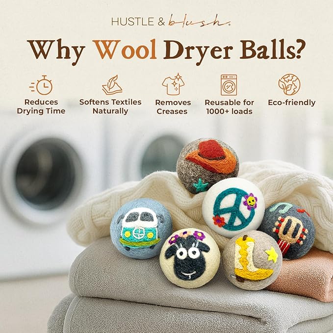 Fluff Ewes Wool Dryer Balls 6 Pack Premium New Zealand Wool Laundry Balls for Dryer, No Static Dryer Balls Laundry Reusable, XL Wool Dryer Balls Cute, Baby Dryer Balls for Dryers - Fluff Fest