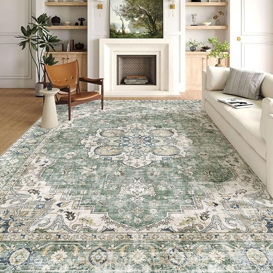 Area Rugs 10x14 Living Room - Large Washable Sage Green Boho Rugs for Bedroom Soft Vintage Rug Ultra-Thin Farmhouse Oriental Carpet Medallion Rug for Dining Room Guest Room Home Decor