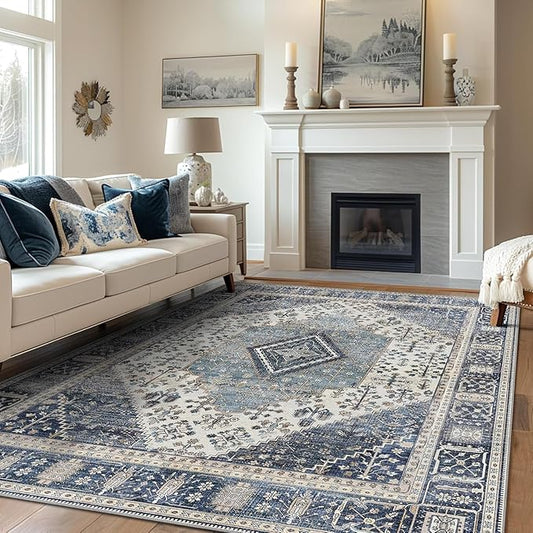 GENIMO 6x9 Area Rugs for Living Room, Machine Washable Non Slip Vintage Rugs, Low Pile Lightweight Chenille Print Rug for Bedroom, Dining Room, Home Office, Navy/Cream