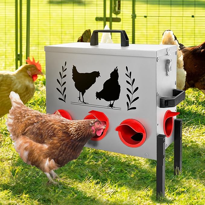 Chicken Feeders, 50 lb Capacity 8 Port Automatic Chicken Feeder, Metal Chick Feeders with Locking Lid and Legs, Chicken Feeder for Chickens, Ducks, Geese，Silver