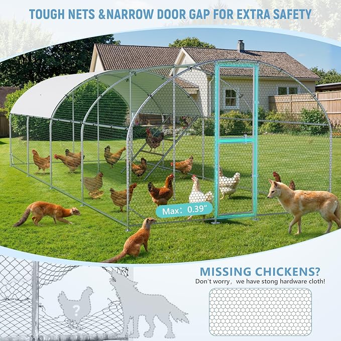 Large Chicken Coop,10x26x6.5FT Metal Chicken Run for Yard with Feeding Door, Round Top Walk-in Chicken Pen,Outdoor Poultry Cage with Anti-UV Cover,Rabbit Duck House