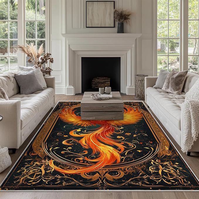 4x6 Phoenix Area Rugs Boho Phoenix Rug for Living Room Indoor Soft Non-Slip Thin Large Carpet Vintage Rugs for Bedroom Home Decor Under Table Washable Machine