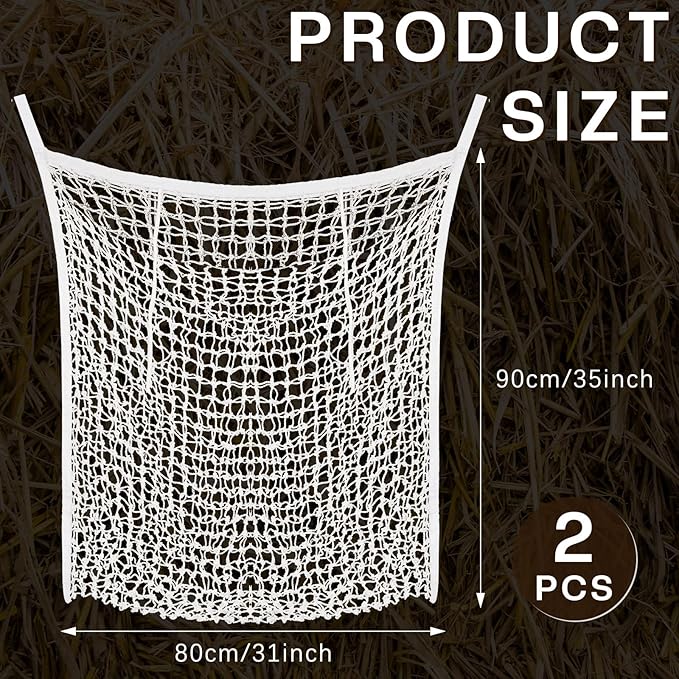 Fabbay 2 Pcs Slow Feed Hay Net Hay Feeder Bags for Horses Goat Stall Trailer Horse Feeding Supplies(35 x 31 Inch,White)