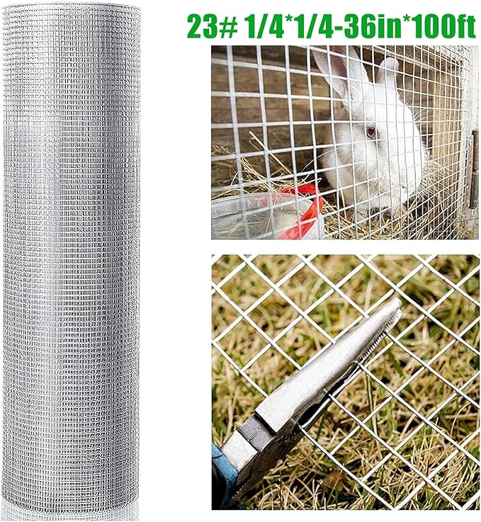 Hardware Cloth for Chicken Wire Fencing-1/4in Mesh AWG 23 Gauge 36in x 100ft Hot-Dip Galvanized Welded Wire Mesh Roll-Rabbit Cages, Snake Proof Fencing, Garden Protection, Poultry Netting