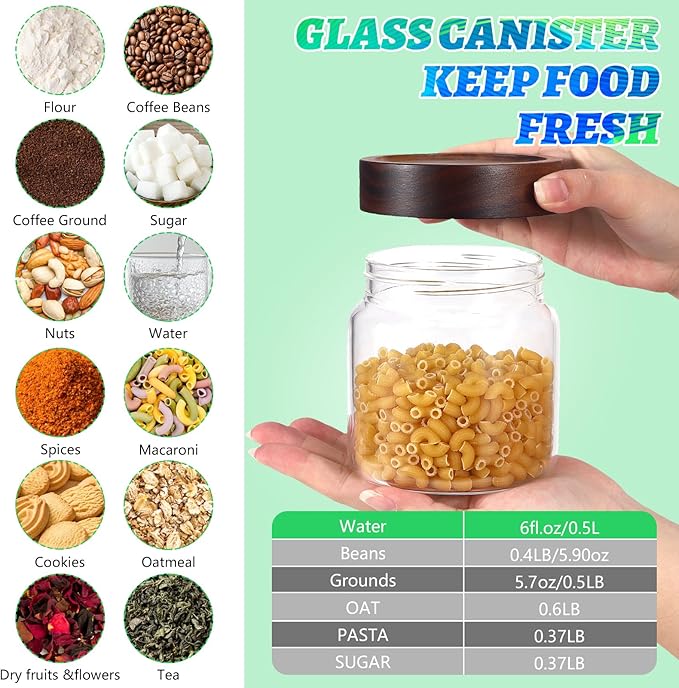 Glass Coffee Jars Spice Jar Round Storage Canister with Wooden Lid Clear Glass Food Jar for Pantry Sugar Tea Coffee Bean Spice Nuts Cookies Bath Salts (500ml/16oz-1pack)