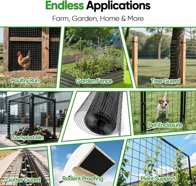 Black Hardware Cloth 24in x 50ft – 19 Gauge Vinyl Coated Steel Wire Mesh Roll, 1" Square Welded Fence for Chicken Coop, Garden Barrier, Animal Control, Outdoor Pet Enclosure, Rodent Proofing