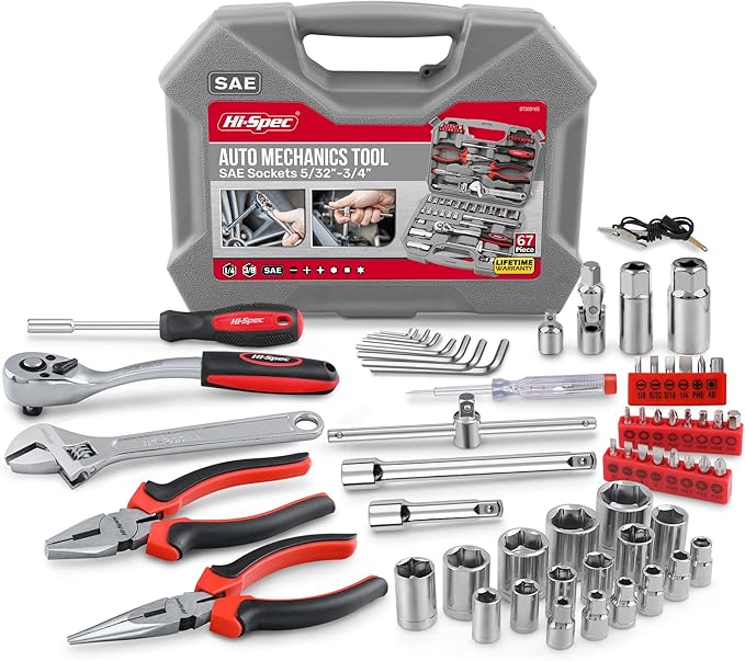 Hi-Spec Tools 67pc SAE Auto Mechanics Hand Tool Kit Set. Complete Car, Motorcycle, Engine & Garage Repairs with Sockets, Ratchet Wrench, Pliers & More