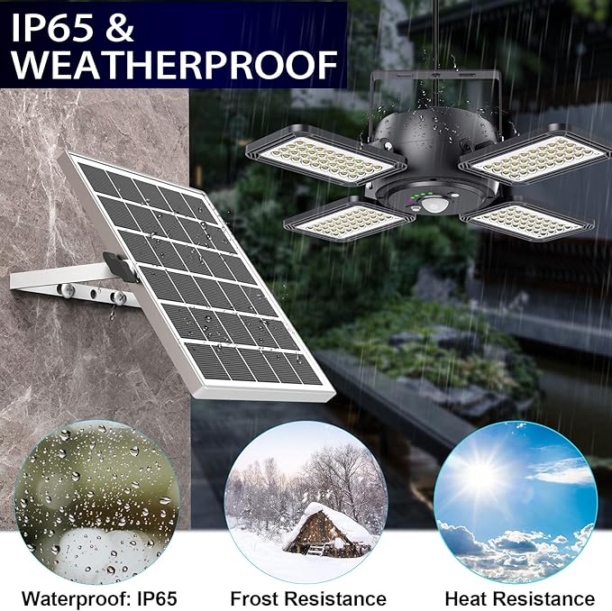 Solar Shed Light Indoor Outdoor 1200LM 144LED Pendant Light, Motion Sensor with Upgrade 5 Lighting Modes & Remote Control 4-Leaf 120°Adjustable Lights for Home Yard Garage