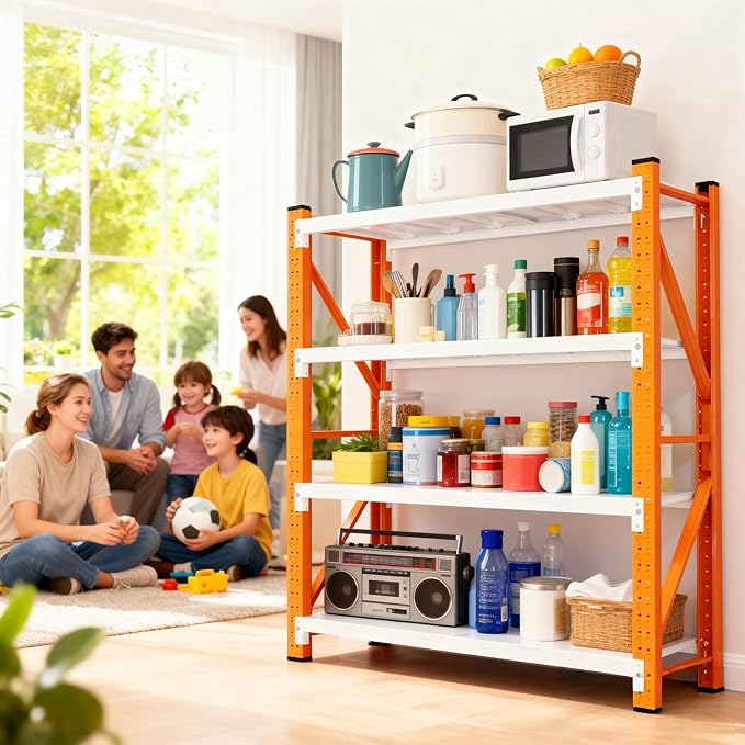 4-Tier Storage Shelves,79" H Heavy-Duty Garage Shelving Unit,Adjustable Metal Industrial Shelf System,3,000lbs Capacity,Tool Organizer for Garage,Workshop,42" W x 20" D x 79" H,Orange&White