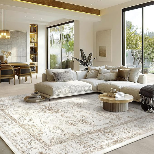 Madane Washable 6x9 Area Rugs for Living Room, Vintage Natural Rug with Non-Slip Backing, Soft Stain Resistant Throw Rugs Thin Carpet for Bedroom Dining Room Farmhouse (6 x 9, Brown/Ivory)