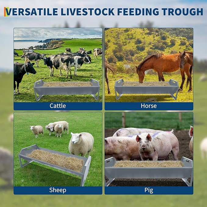 GarveeLife Livestock Feeding Trough, Heavy Duty Steel Livestock Trough for 10 Sheep Once, 22 Gallon Capacity 45.13" Hay Feeder for Horse, Goat, Sheep, Cattle, Cow, Alpaca, Silver