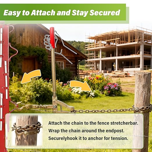 AIWFL 2 PCs Chain Link Fence Stretcher Tool with 19.7FT Chain, Heavy Duty Steel Fence Puller Stretcher Wire Tensioner, 2200lbs Capacity Barbed Wire Fence Bar Puller for Farm, Ranch, Fence Repair
