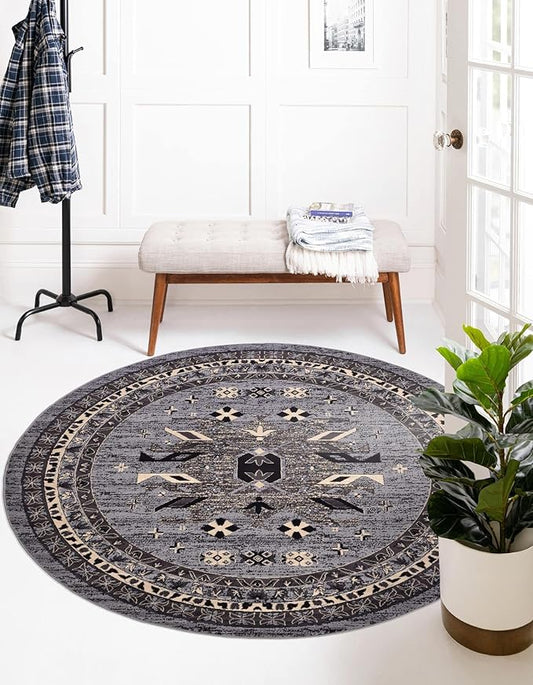 Unique Loom Taftan Collection Border Geometric Tribal Inspired Design Area Rug (8' 0 x 8' 0 Round, Gray/ Black)