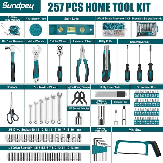 Sundpey Home Tool Kit 257-PCs - Household Basic Repair Tool Set for Men Women - General Hand Mechanic's Tool Set & Screwdriver Set & Wrench Set & Socket & Portable Tool Box Storage Case Blue