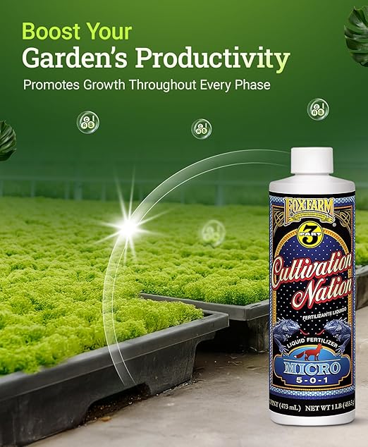 FoxFarm Cultivation Nation Micro Liquid Fertilizer - Micronutrients for Strong Plant Development, Ideal for Soil, Hydroponics & Aeroponics - Part 2 of 3-Part Feeding Program- NPK 5-0-1 (Pint)
