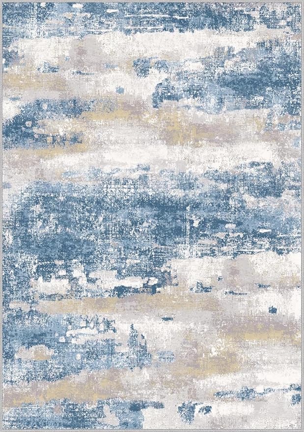GENIMO Washable Area Rugs for Living Room, 8x10 Modern Non Slip Rugs, Low Pile Lightweight Soft Print Rug for Bedroom, Dining Room, Home Office, Blue Cream