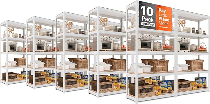 HOMEDANT House 5 Tier Laminated Metal Shelving Unit Adjustable Storage Utility Rack Heavy Duty Shelves Organization Multipurpose Shelf Kitchen Garage Pantry Closet (10, (M) 36.2" W, White)