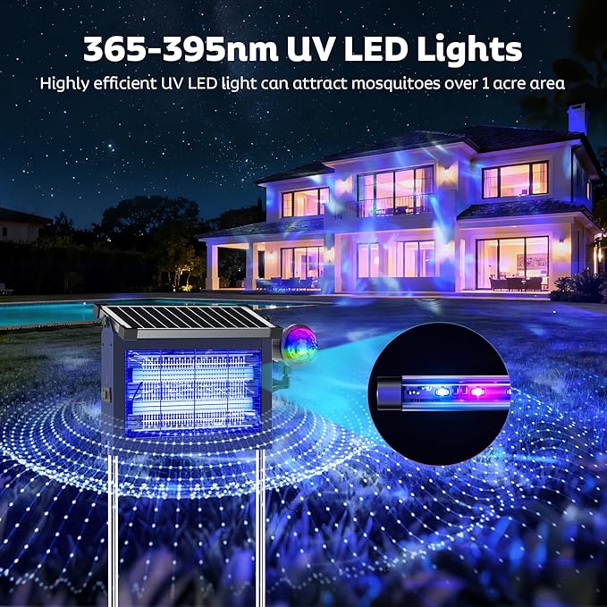 Solar Bug Zapper Outdoor with Projector Lights, Mosquito Zapper Waterproof Electric Fly Zapper Rechargeable with 10W Solar Panel, 4500V Cordless Fly Trap for Backyard, Patio, Garden, Camping