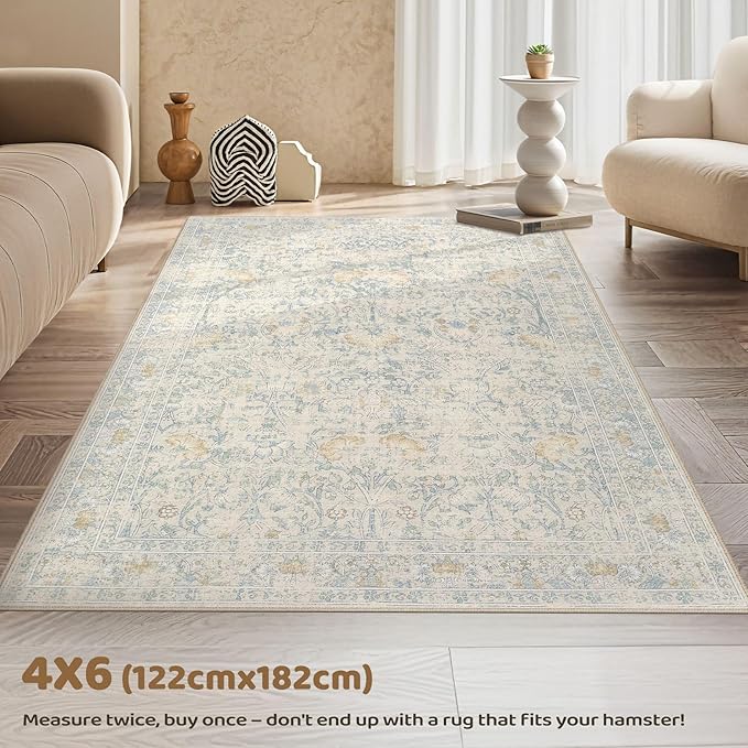 4x6 Area Rug Living Room Rugs - Washable Boho Vintage Floral Large Soft Non Slip Thin Rug Low Pile Carpet for Bedroom Dining Room Kids Playroom Office Decor Indoor- Light Blue