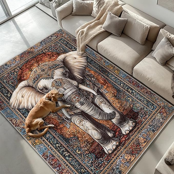 6x9 Elephant Area Rugs Boho Elephant Rug for Living Room Indoor Soft Non-Slip Thin Large Carpet Vintage Rugs for Bedroom Home Decor Under Table Washable Machine