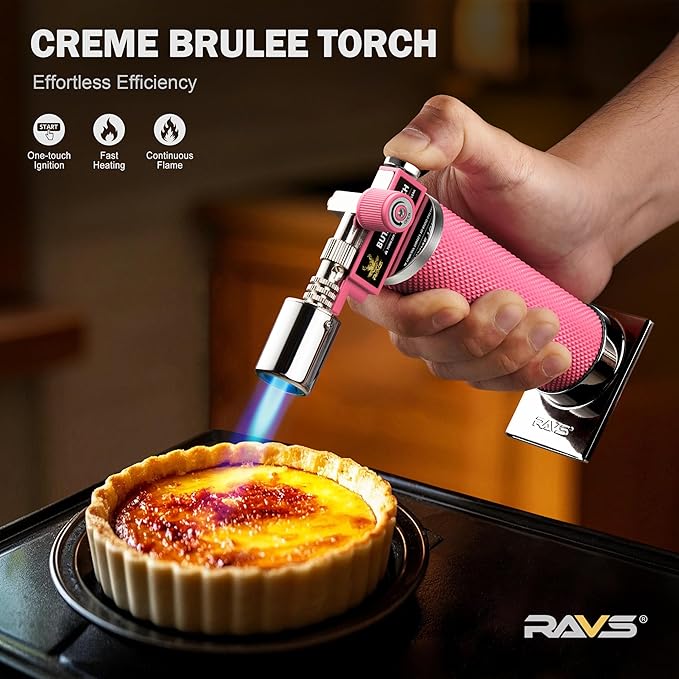 RAVS Butane Torch, Metal Pink Torch Lighter with Adjustable Flame, Food Torch for Baking, BBQ, Desserts, Christmas Stocking Stuffers Gifts for Women, Butane Fuel Not Included
