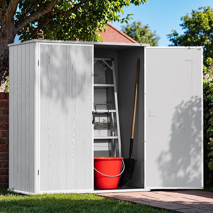 Devoko 5 x 3 Resin Outdoor Storage Shed with Floor - Waterproof Plastic Outdoor Tool Cabinet with Lockable Doors for Patio Furniture, Pool Accessories, Garden Tools (Light Gray)