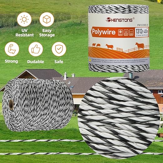 Electric Fence Polywire, 1320ft (400m), 3 Aluminum Strands, UV-Resistant PVC, 0.1in (2.5mm) Diameter, 256 lbs Tensile Strength, for Livestock and Rotational Grazing, White and Black