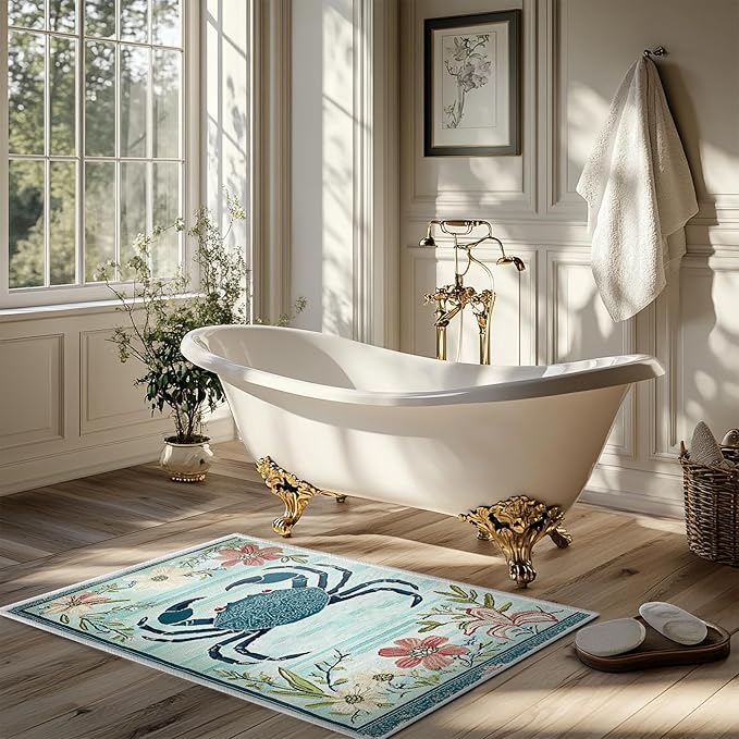 2x3 Crab Area Rugs Boho Teal Rug for Bathroom Kitchen Entryway Indoor Soft Non-Slip Thin Hippie Carpet Small Floral Doormat for Office Dining Room Home Decor Under Table Washable Machine