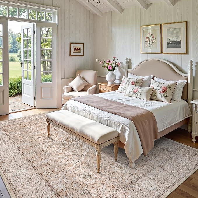Collive 8x10 Area Rugs for Living Room, Washable Neutral Pink Hand-Painted Floral Bedroom Rug, Vintage Distressed Boho Non Slip Low Pile Large Carpet, Soft Retro Dining Room Office Rug, Pink Grey