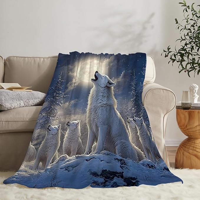 Wolf Blanket Wolves Moon Snowy Throw Blanket Soft Warm Cozy Fuzzy Plush Gifts for Girls Women Lightweight Fleece Flannel Stuff Decor Gift for Kids Adults 80"X60"