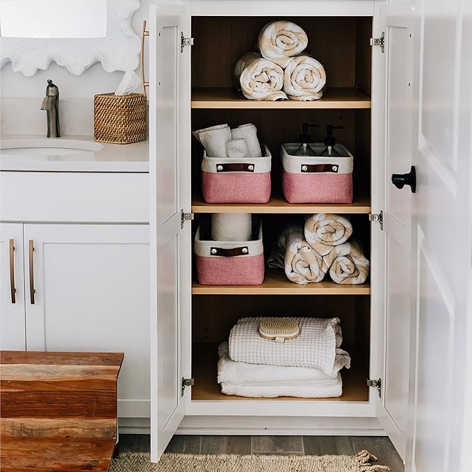 OrganiHaus Small Fabric Storage Baskets for Shelves 3 Pack, 12x08in Closet Storage Bins for Shelves, Canvas Baskets for Organizing, Linen Closet Organizers, Cloth Basket, Pink/Off-White