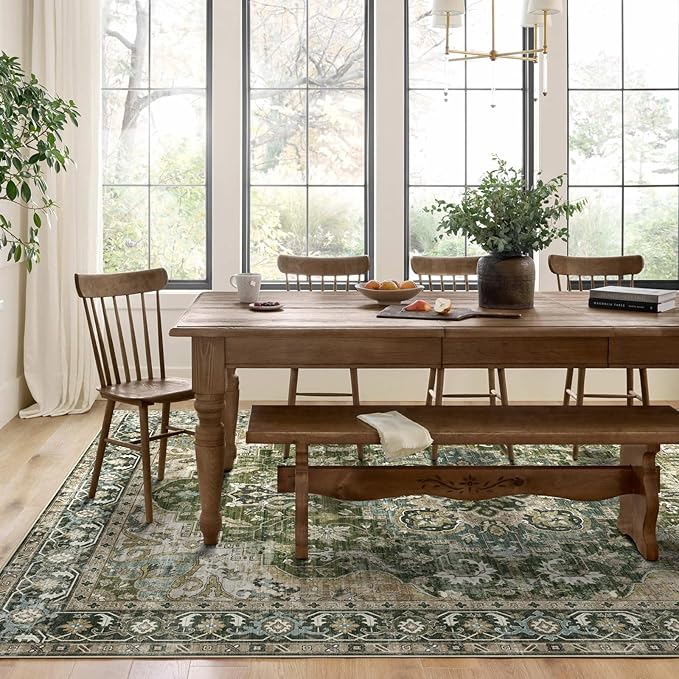 Washable Area Rug 8x10 - Large Moss Green Boho Rugs for Living Room Soft Vintage Bedroom Rug Ultra-Thin Oriental Farmhouse Distressed Carpet Non Slip Rug for Dining Room Guest Room Home Decor