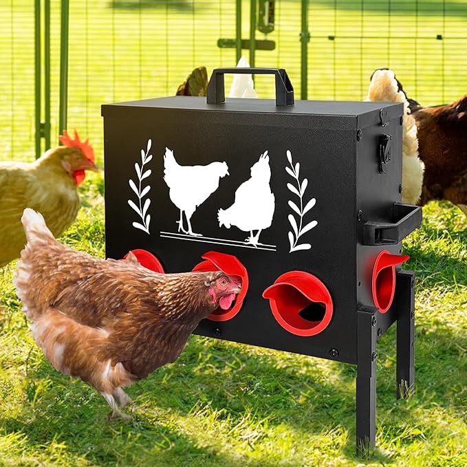 Chicken Feeders, 50 lb Capacity 8 Port Automatic Chicken Feeder, Metal Chick Feeders with Locking Lid and Legs, Chicken Feeder for Chickens, Ducks, Geese