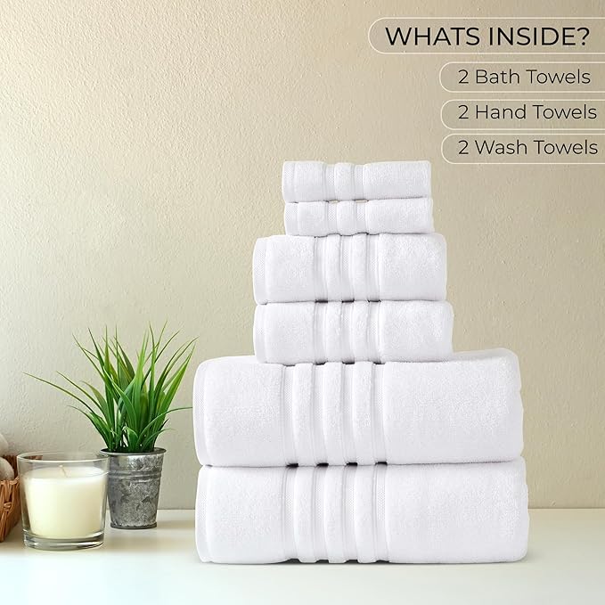 ESSELL 24/7 Luxury 6 Piece Towel Set, 700 GSM 100% Cotton, 2 Bath Towels 2 Hand Towels 2 Wash Cloths, Lightweight Bath Towels, Soft & Highly Absorbent Towels for Bathroom, Spa & Hotel, White Towel Set