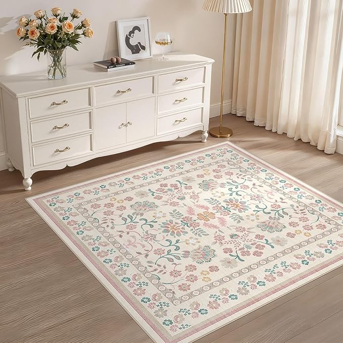 Square Area Rugs : Washable 4x4 Floral Carpet for Living Room Bedroom - Soft Floor Mat with Non Slip Backing for Kitchen Nursery Dorms Farmhouse Home Decor - Pink