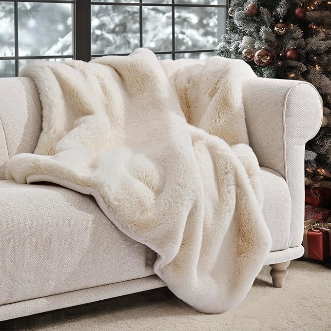 EVERGRACEHOME Luxury Soft Faux Chinchilla Fur Throw Blanket for Couch, Warm Thick Heavy Winter Throw Blanket 1220GSM for Bed, Fluffy Cozy Mink Blanket with Reversible Velvet, Arctic White, 50"x60"