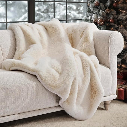 EVERGRACEHOME Luxury Soft Faux Chinchilla Fur Throw Blanket for Couch, Warm Thick Heavy Winter Throw Blanket 1220GSM for Bed, Fluffy Cozy Mink Blanket with Reversible Velvet, Arctic White, 50"x60"