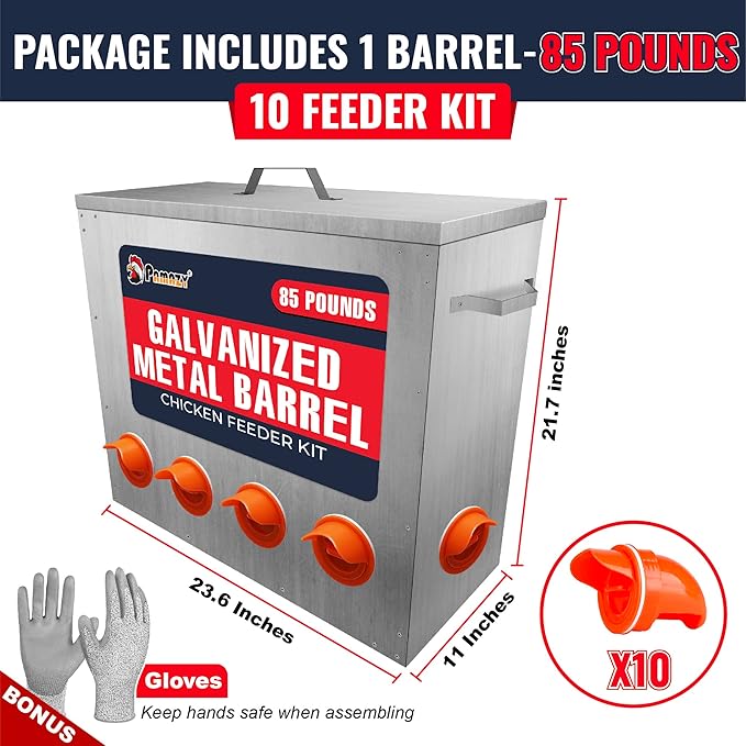 Large Capacity 85lbs Automatic Metal Poultry Feeder Set, Chicken Galvanized Trough, Chicken Feeder No Waste, Rainproof Poultry Feeders, Preventing Small Animals, Suitable for Chickens, Ducks, Turkeys